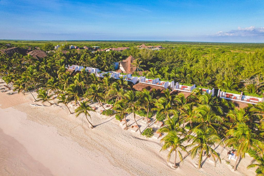 A high-angle drone view of The Beach Tulum Hotel, showcasing beachfront rooms with private rooftop terraces. Each terrace features a hot tub, sofa, and loungers, all facing the beautiful blue Tulum beach. Lush jungle foliage forms the backdrop behind the hotel.