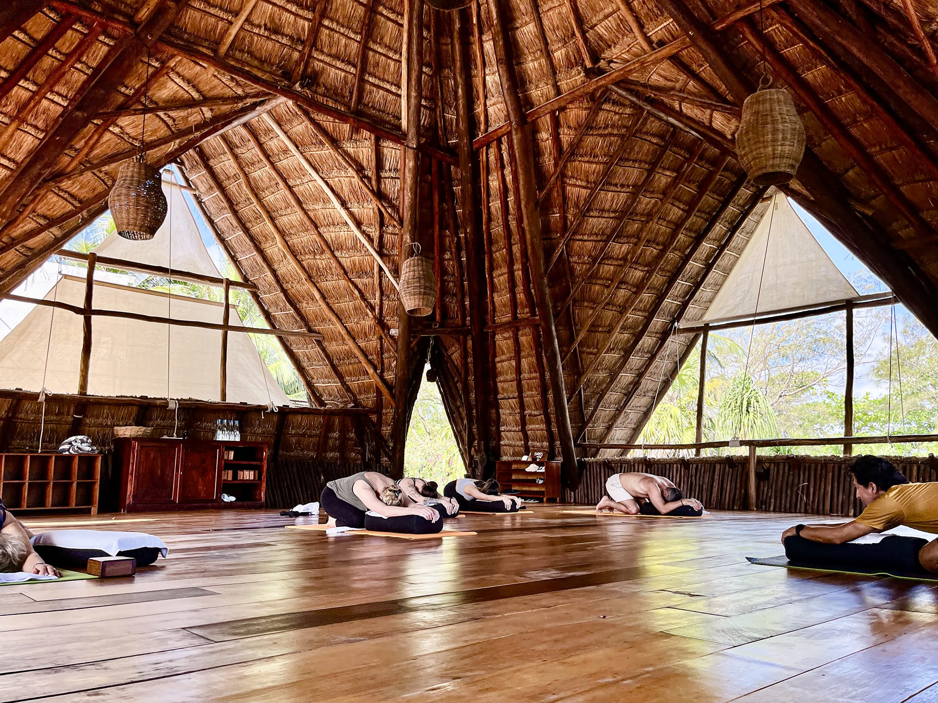 morning yoga in the yoga palapa at The Beach Tulum Hotel