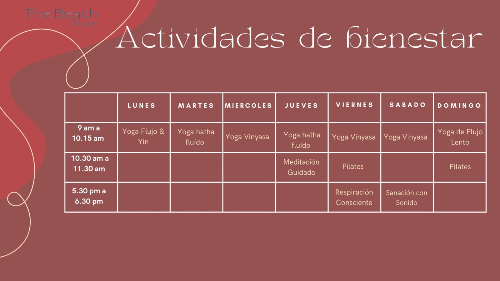 Calendario semanal de actividades de bienestar en el Hotel The Beach Tulum incluyendo yoga, pilates, sanación con sonido y meditación.