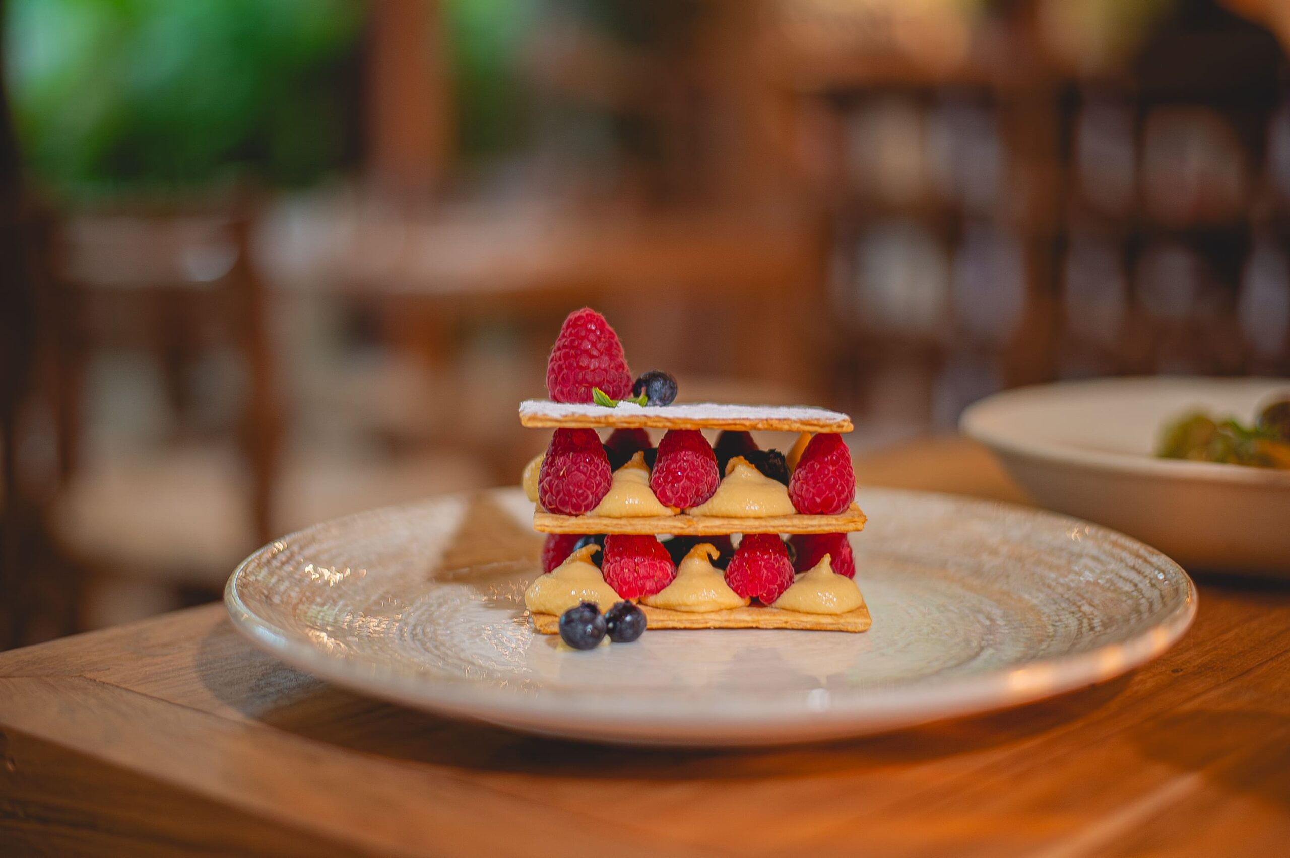 Millefoglie Puff pastry, vanilla cream, raspberry, blueberry.