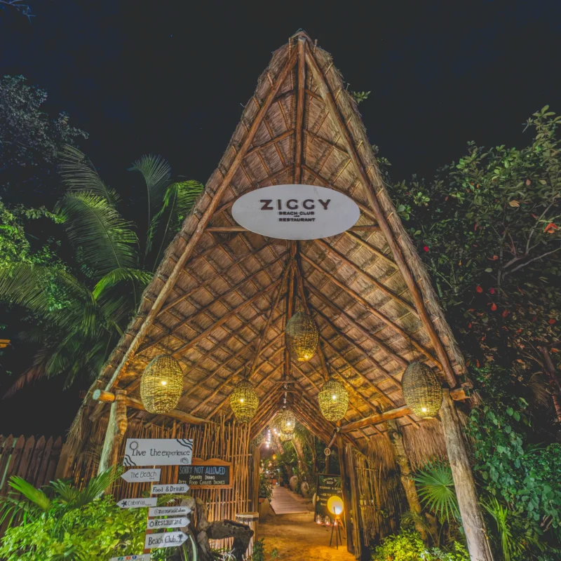 ziggy entrance The entrance to Ziggy restaurant in Tulum, a sand pathway leads under the palapa up a wooden pathway